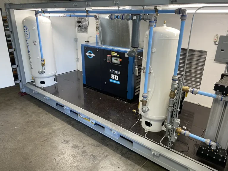 Inside of containerized equipment room showing a complete compressed air system