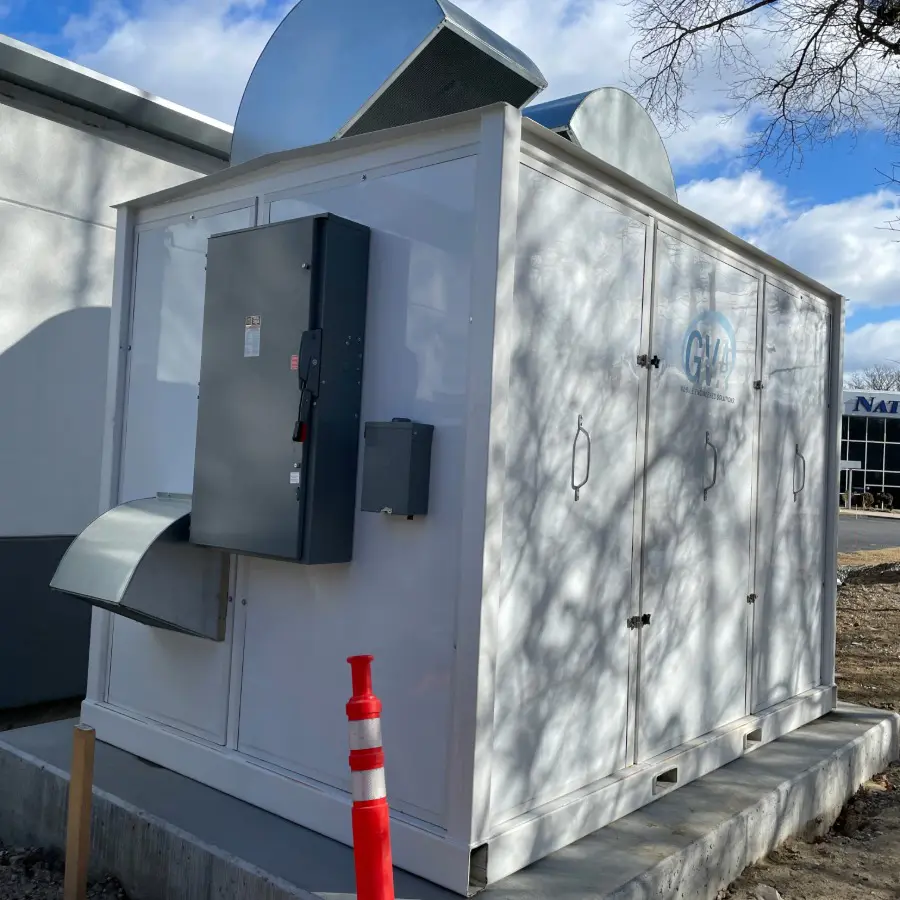 custom outdoor compressed air enclosure with Quincy oil-free air compressor