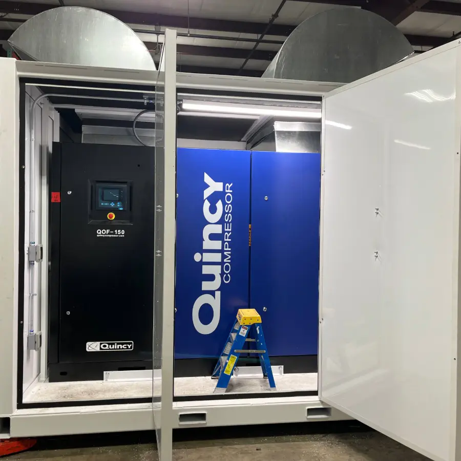 custom outdoor compressed air enclosure with Quincy oil-free air compressor